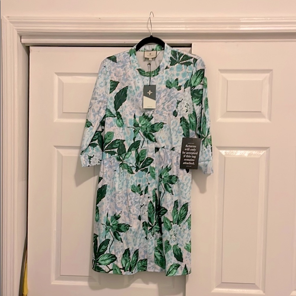 Tuckernuck Green Buttoned Shirt Dress with Mandarin Collar